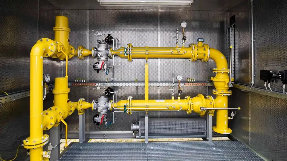 Gasdruckregelanlage mit gelben Rohrleitungen, Armaturen und Manometern