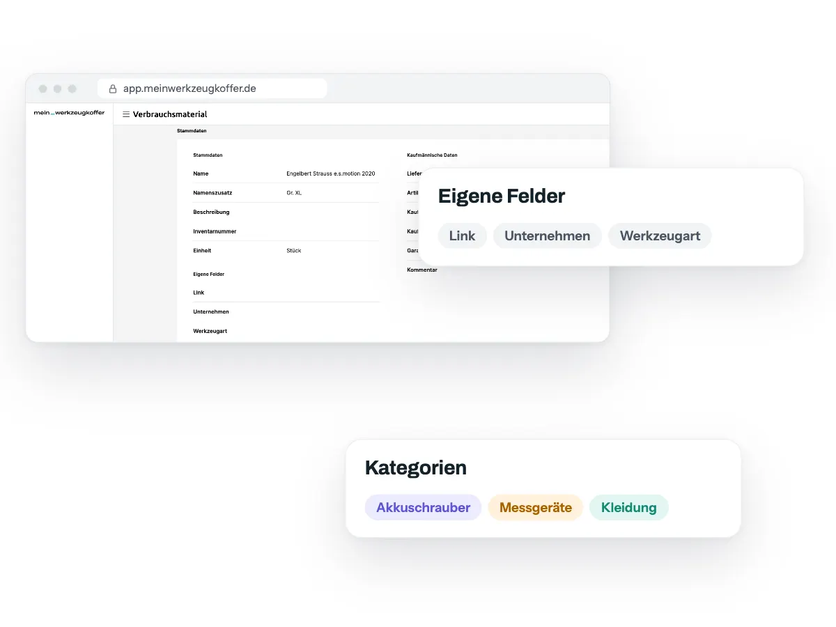 Verbrauchsmaterial im Browser mit eigenen Feldern Link, Unternehmen und Werkzeugart, dazu Kategorien Akkuschrauber, Messgeräte und Kleidung