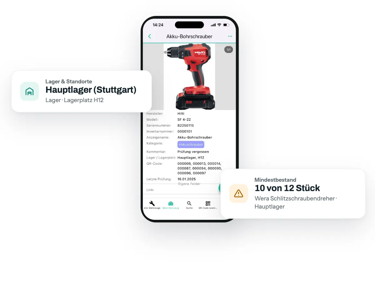 Werkzeugdetail in der App, dazu Karten Hauptlager (Stuttgart) mit Lagerplatz H12 und Mindestbestand 10 von 12 Stück