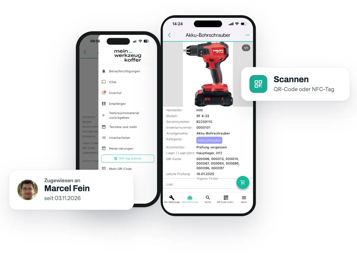 Zwei iPhones mit App-Menü und Werkzeugdetail, dazu Karten zugewiesen an Marcel Fein und Scannen