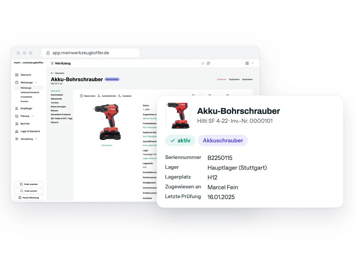 Werkzeugdetail im Browser, dazu Karte zum Akku-Bohrschrauber Hilti SF 4-22 mit Status aktiv, Kategorie, Seriennummer, Lager, Lagerplatz und Zuweisung
