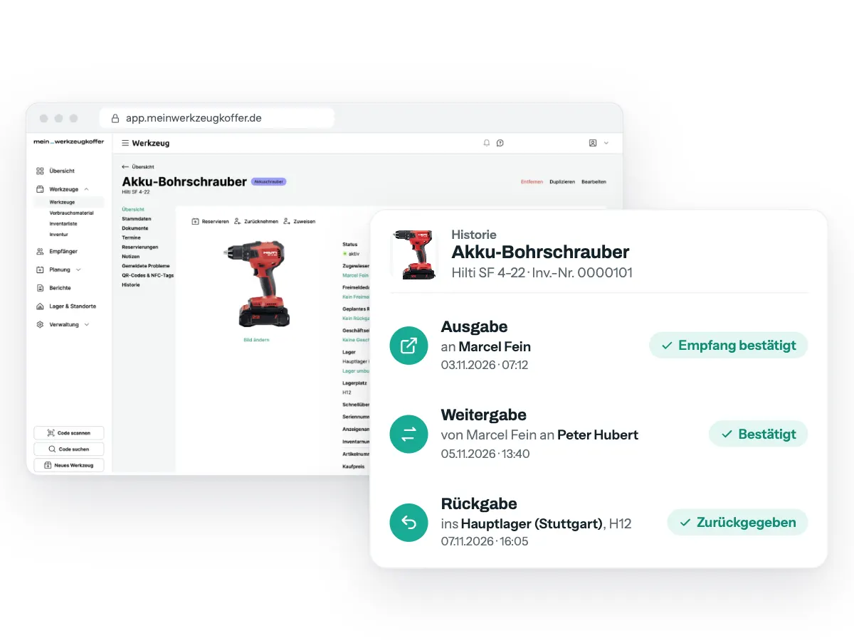 Werkzeugdetail im Browser mit Historie: Ausgabe an Marcel Fein, Weitergabe an Peter Hubert und Rückgabe ins Hauptlager (Stuttgart)