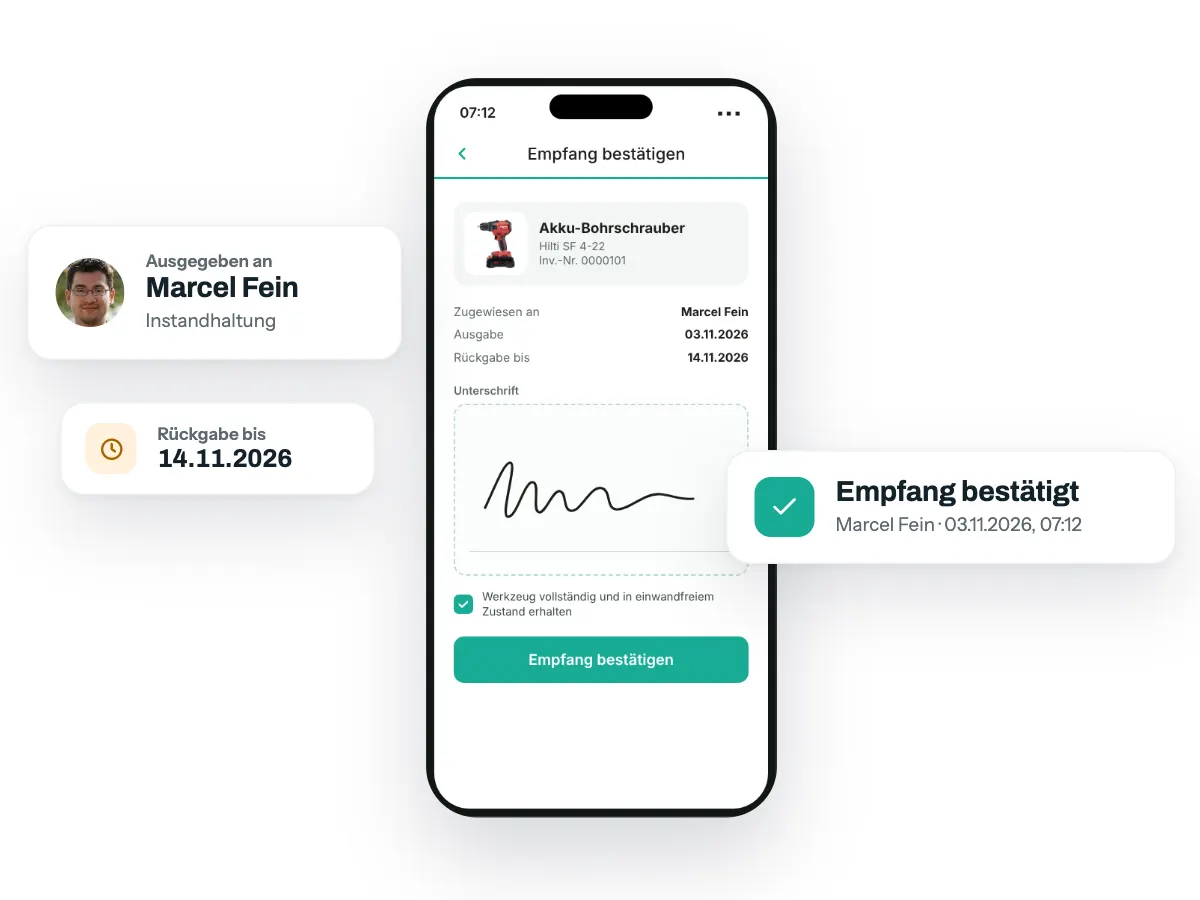 App-Dialog Empfang bestätigen auf dem iPhone, dazu Karten zur Ausgabe an Marcel Fein, Rückgabe bis 14.11.2026 und bestätigtem Empfang