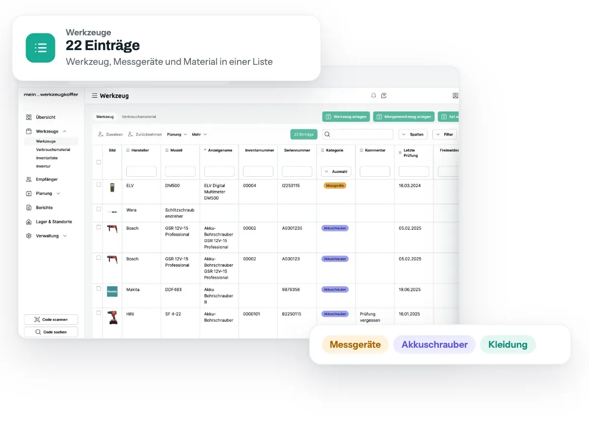 Inventarverwaltung Software mein_werkzeugkoffer: Werkzeugliste mit 22 Einträgen im Browser, dazu Kategorien Messgeräte, Akkuschrauber und Kleidung