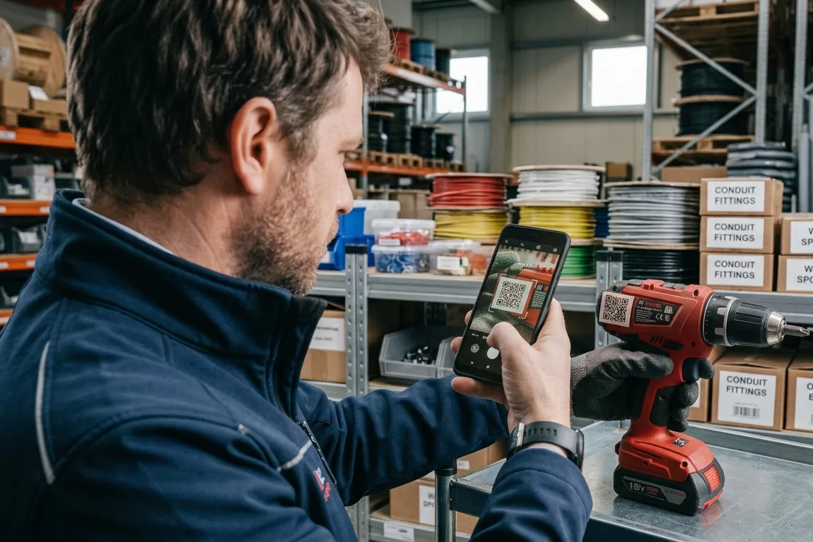 Mitarbeiter scannt im Lager mit dem Smartphone das QR-Etikett an einem Akku-Bohrschrauber